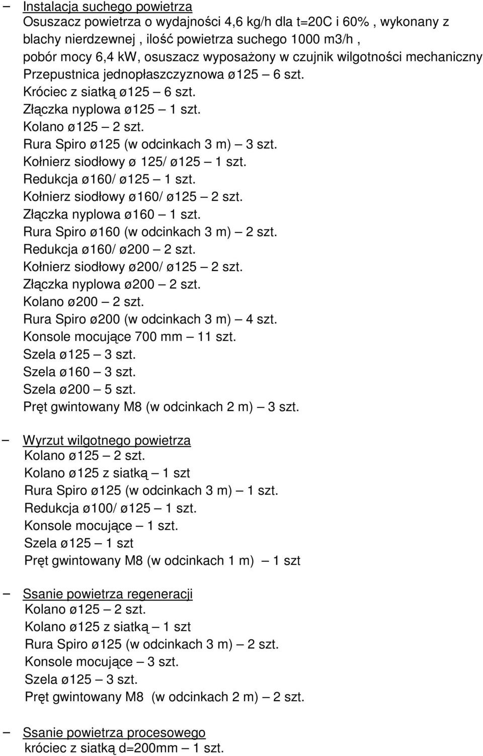 Kołnierz siodłowy ø 125/ ø125 1 szt. Redukcja ø160/ ø125 1 szt. Kołnierz siodłowy ø160/ ø125 2 szt. Złączka nyplowa ø160 1 szt. Rura Spiro ø160 (w odcinkach 3 m) 2 szt. Redukcja ø160/ ø200 2 szt.