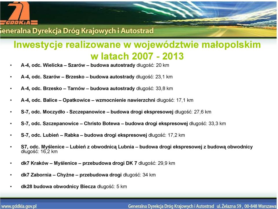 Moczydło - Szczepanowice budowa drogi ekspresowej długość: 27,6 km S-7, odc. Szczepanowice Christo Botewa budowa drogi ekspresowej długość: 33,3 km S-7, odc.