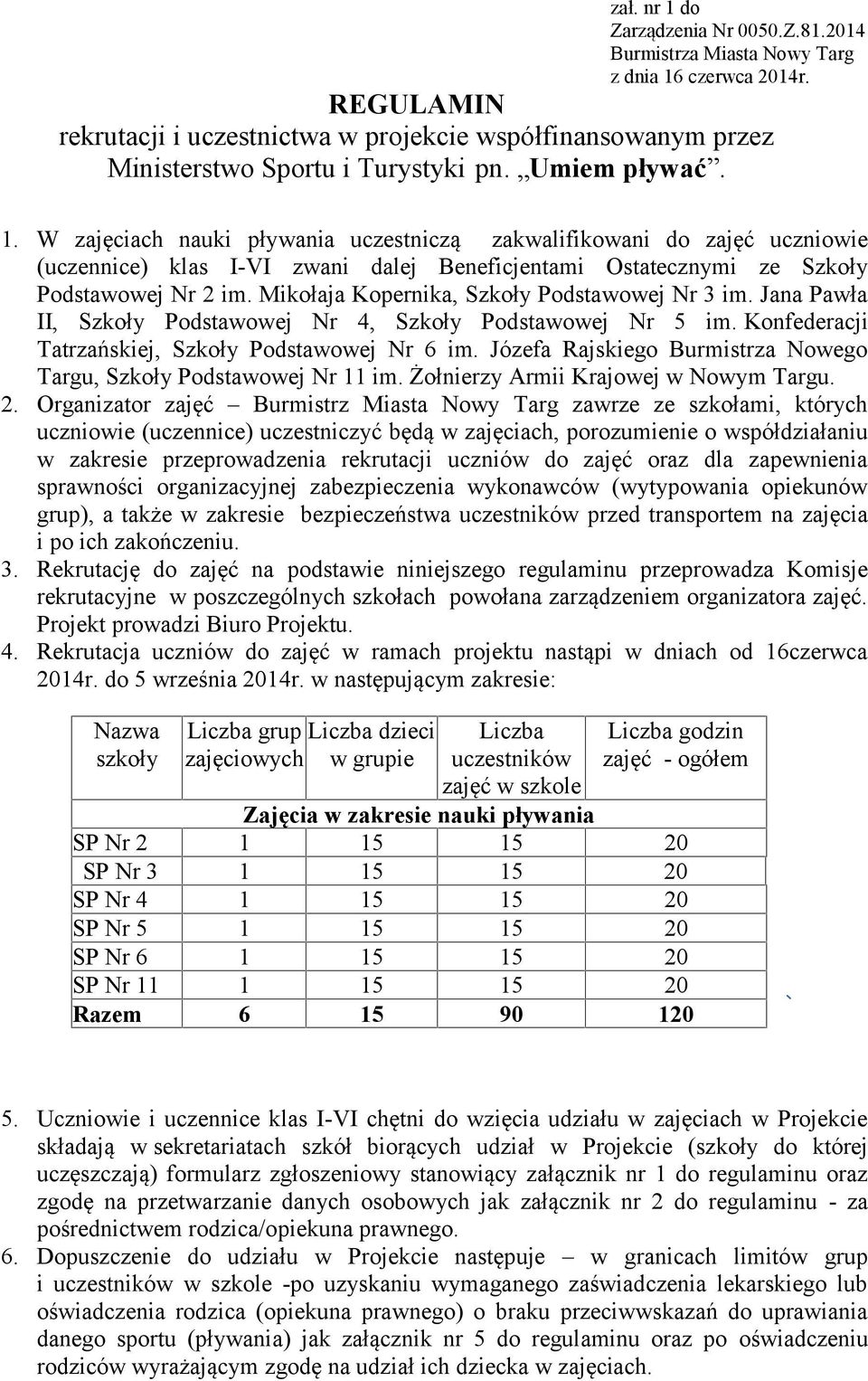 W zajęciach nauki pływania uczestniczą zakwalifikowani do zajęć uczniowie (uczennice) klas I-VI zwani dalej Beneficjentami Ostatecznymi ze Szkoły Podstawowej Nr 2 im.