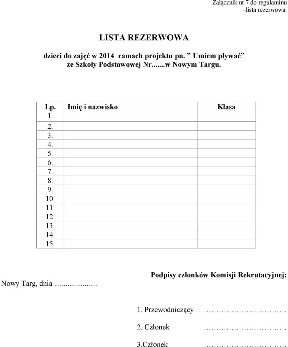 Umiem pływać ze Szkoły Podstawowej Nr...w Nowym Targu. Lp. Imię i nazwisko Klasa 1.