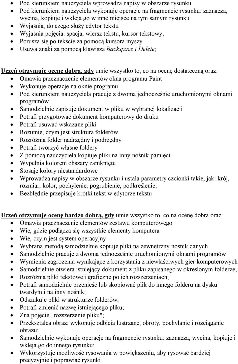 Delete; Uczeń otrzymuje ocenę dobrą, gdy umie wszystko to, co na ocenę dostateczną oraz: Omawia przeznaczenie elementów okna programu Paint Wykonuje operacje na oknie programu Pod kierunkiem