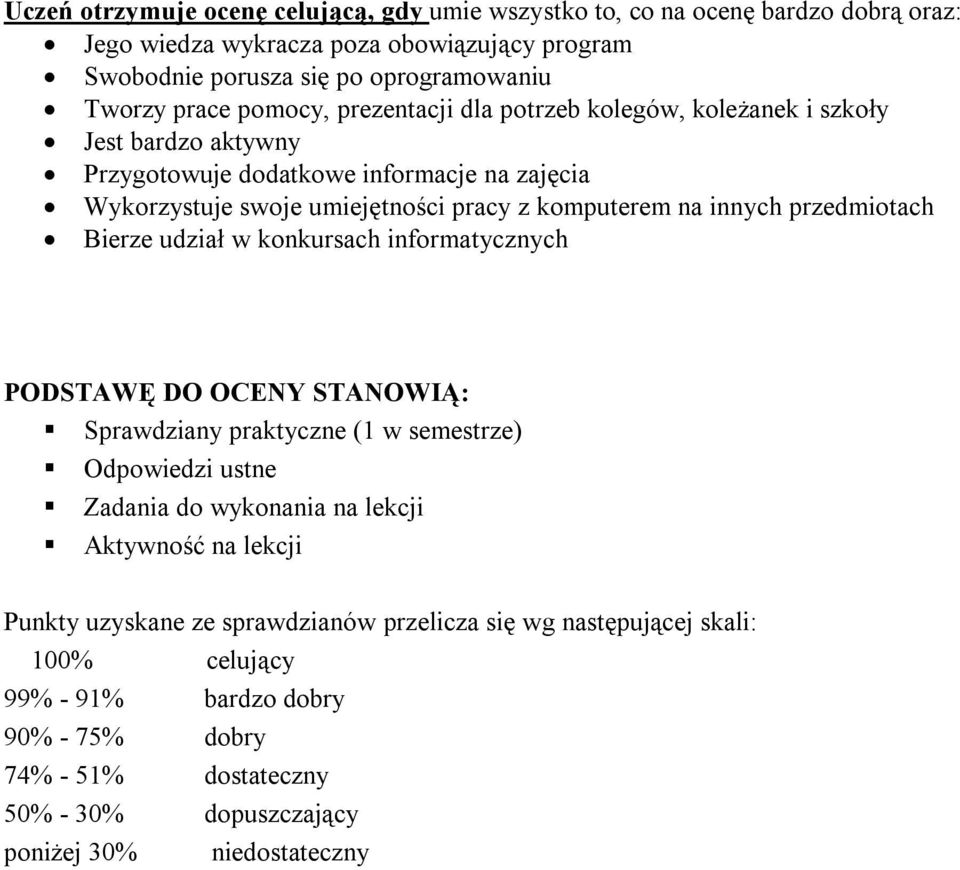 przedmiotach Bierze udział w konkursach informatycznych PODSTAWĘ DO OCENY STANOWIĄ: Sprawdziany praktyczne (1 w semestrze) Odpowiedzi ustne Zadania do wykonania na lekcji Aktywność na