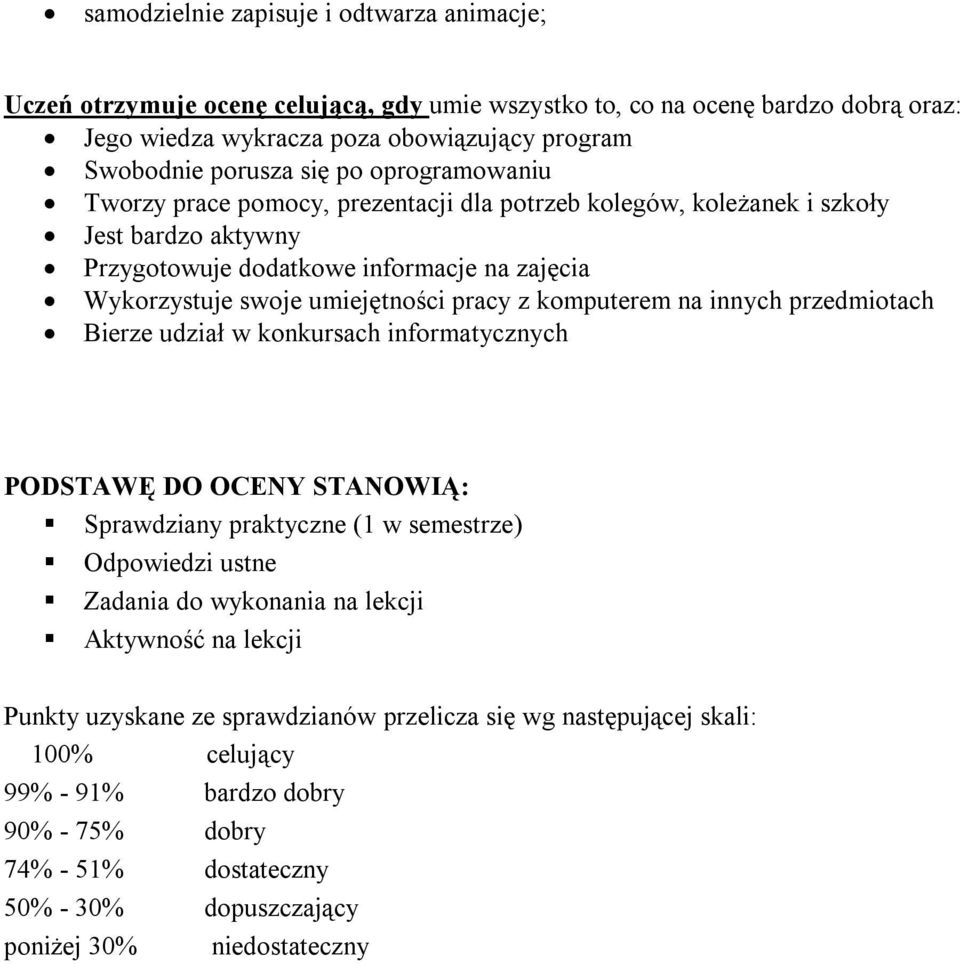 komputerem na innych przedmiotach Bierze udział w konkursach informatycznych PODSTAWĘ DO OCENY STANOWIĄ: Sprawdziany praktyczne (1 w semestrze) Odpowiedzi ustne Zadania do wykonania na lekcji