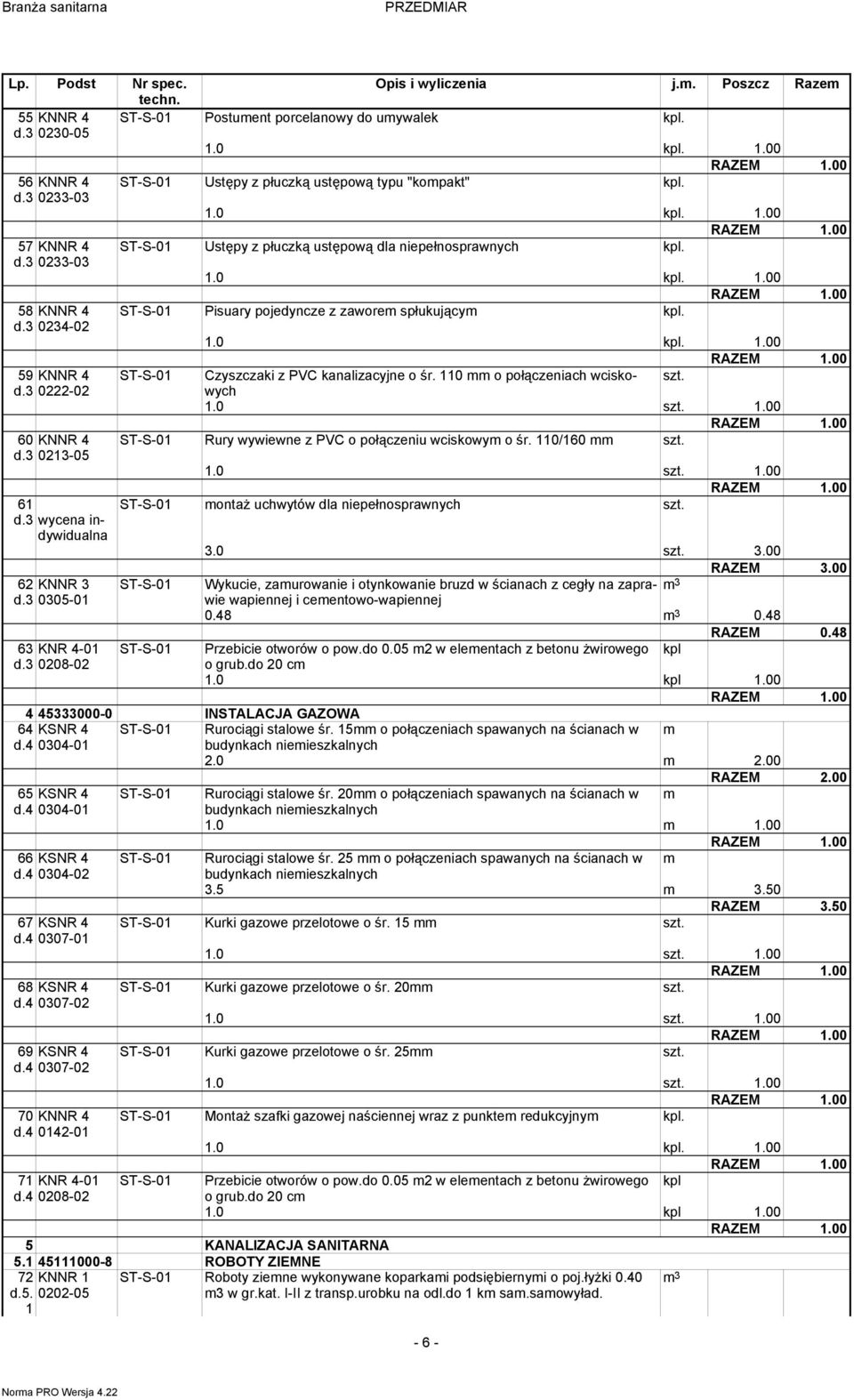 0234-02.0 kpl..00 59 KNNR 4 ST-S-0 Czyszczaki z PVC kanalizacyjne o śr. 0 o połączeniach wciskowych szt. 0222-02 60 KNNR 4 ST-S-0 Rury wywiewne z PVC o połączeniu wciskowy o śr. 0/60 szt.