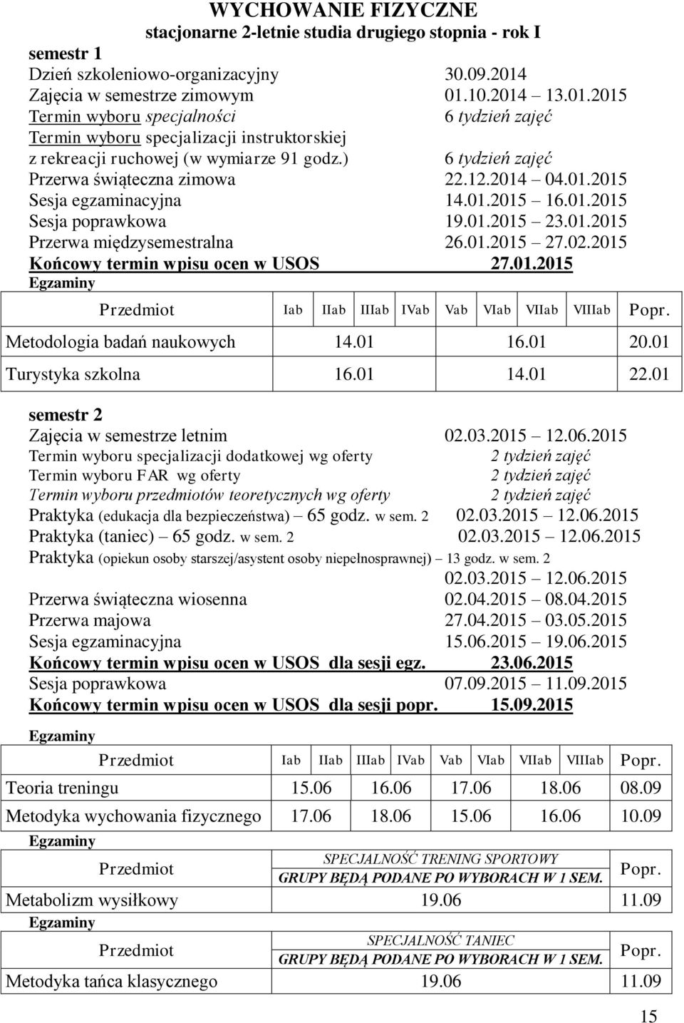 ) 6 tydzień zajęć Przerwa świąteczna zimowa 22.12.2014 04.01.2015 Sesja egzaminacyjna 14.01.2015 16.01.2015 Sesja poprawkowa 19.01.2015 23.01.2015 Przerwa międzysemestralna 26.01.2015 27.02.