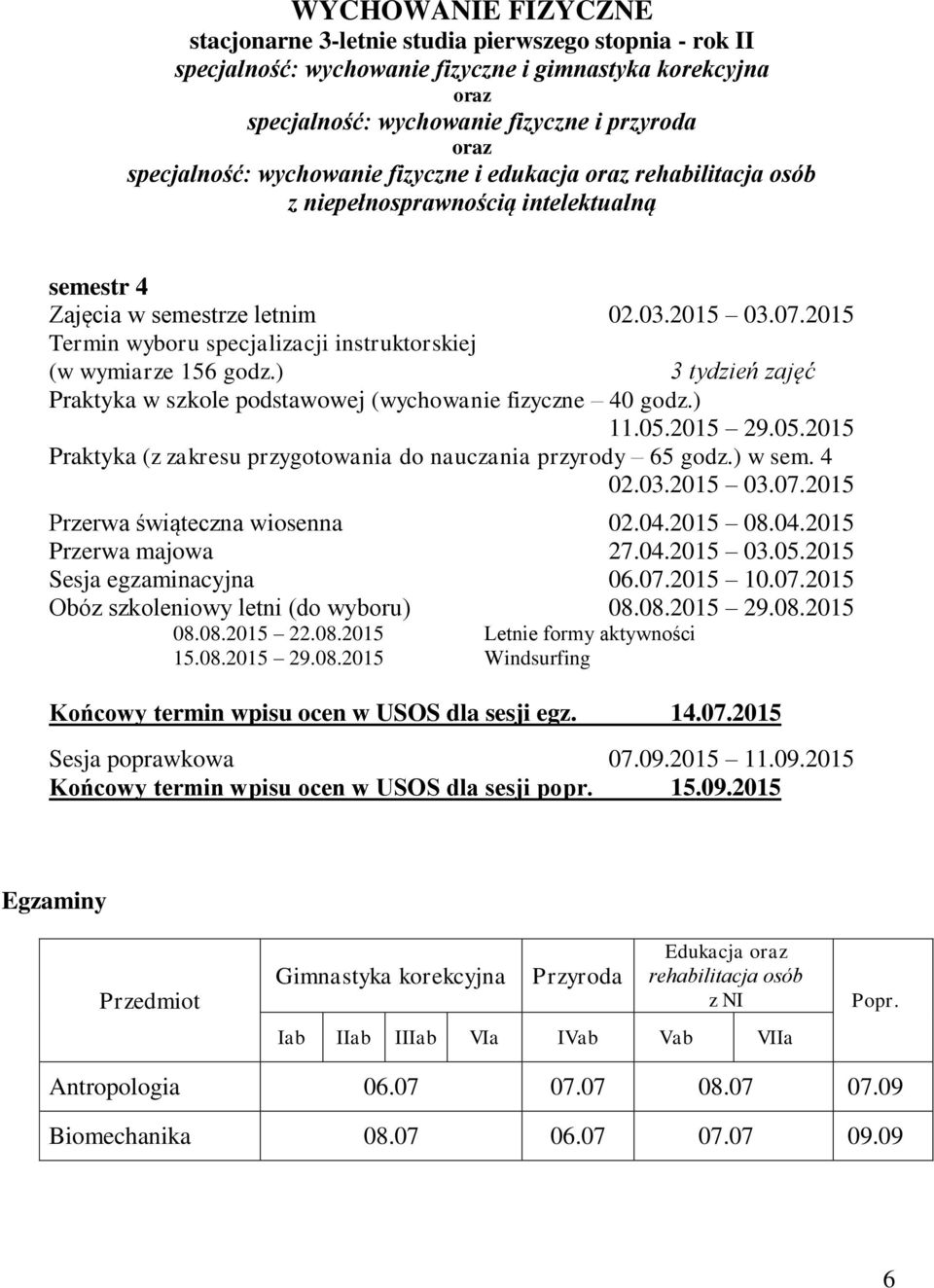 2015 Termin wyboru specjalizacji instruktorskiej (w wymiarze 156 godz.) 3 tydzień zajęć Praktyka w szkole podstawowej (wychowanie fizyczne 40 godz.) 11.05.