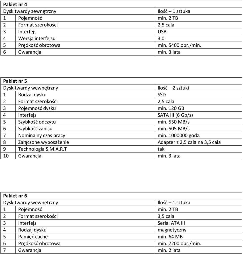 550 MB/s 6 Szybkość zapisu min. 505 MB/s 7 Nominalny czas pracy min. 1000000 godz. 8 Załączone wyposażenie Adapter z 2,5 cala na 3,5 cala 9 Technologia S.M.A.R.T tak 10 Gwarancja min.