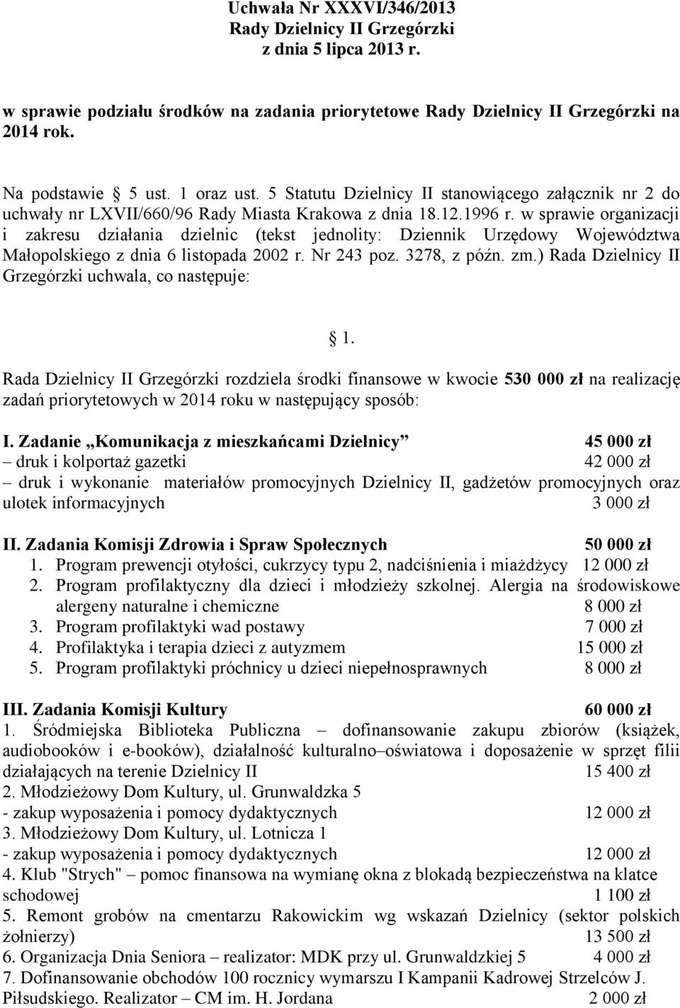 w sprawie organizacji Rada Dzielnicy II Grzegórzki rozdziela środki finansowe w kwocie 530 000 zł na realizację zadań priorytetowych w 2014 roku w następujący sposób: I.