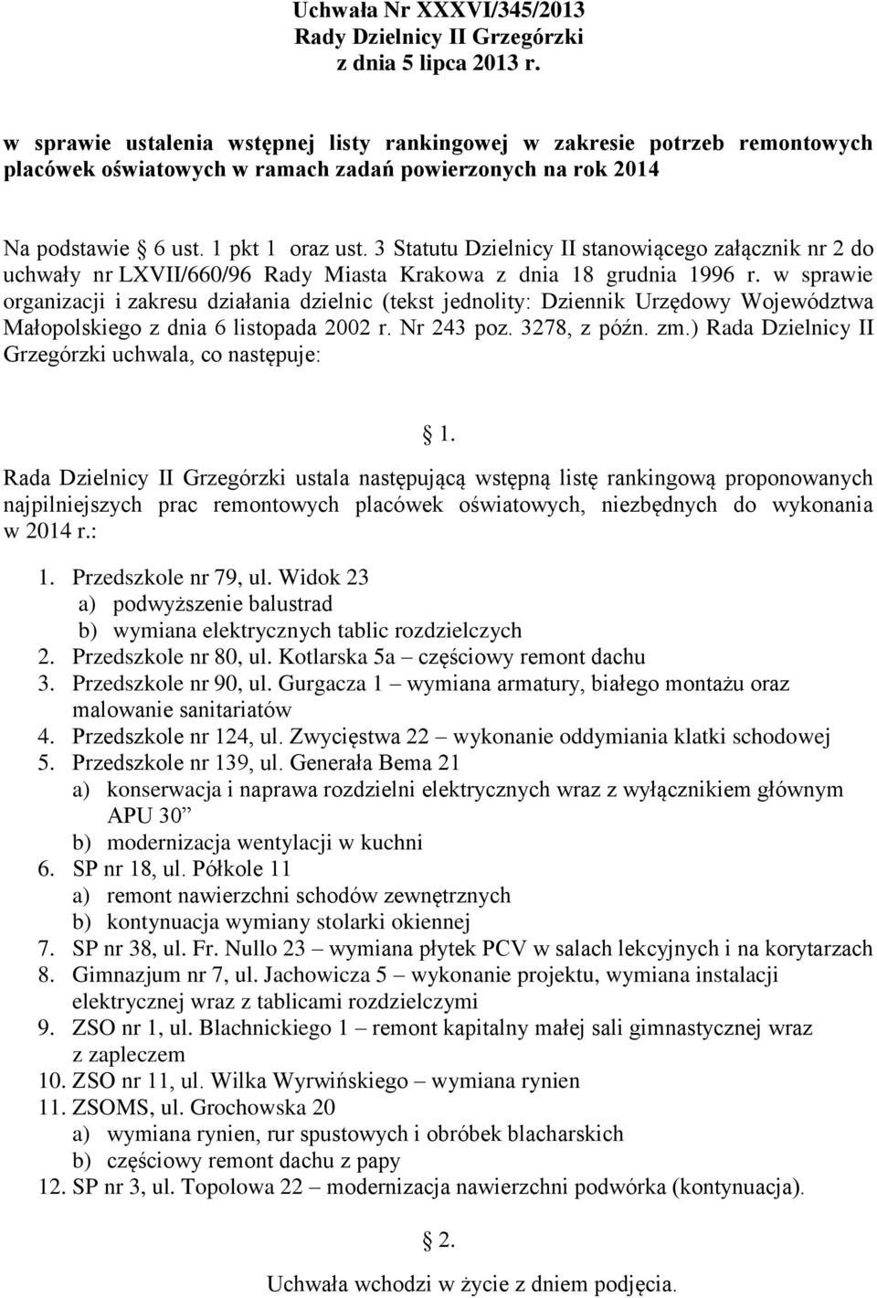 w sprawie organizacji Rada Dzielnicy II Grzegórzki ustala następującą wstępną listę rankingową proponowanych najpilniejszych prac remontowych placówek oświatowych, niezbędnych do wykonania w 2014 r.