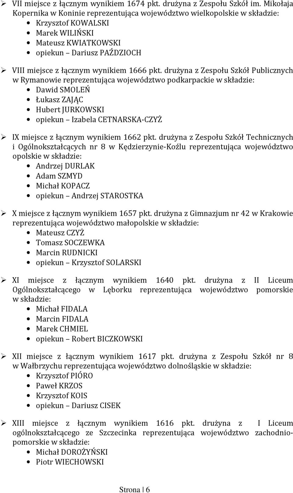 drużyna z Zespołu Szkół Publicznych w Rymanowie reprezentująca województwo podkarpackie Dawid SMOLEŃ Łukasz ZAJĄC Hubert JURKOWSKI opiekun Izabela CETNARSKA-CZYŻ IX miejsce z łącznym wynikiem 1662