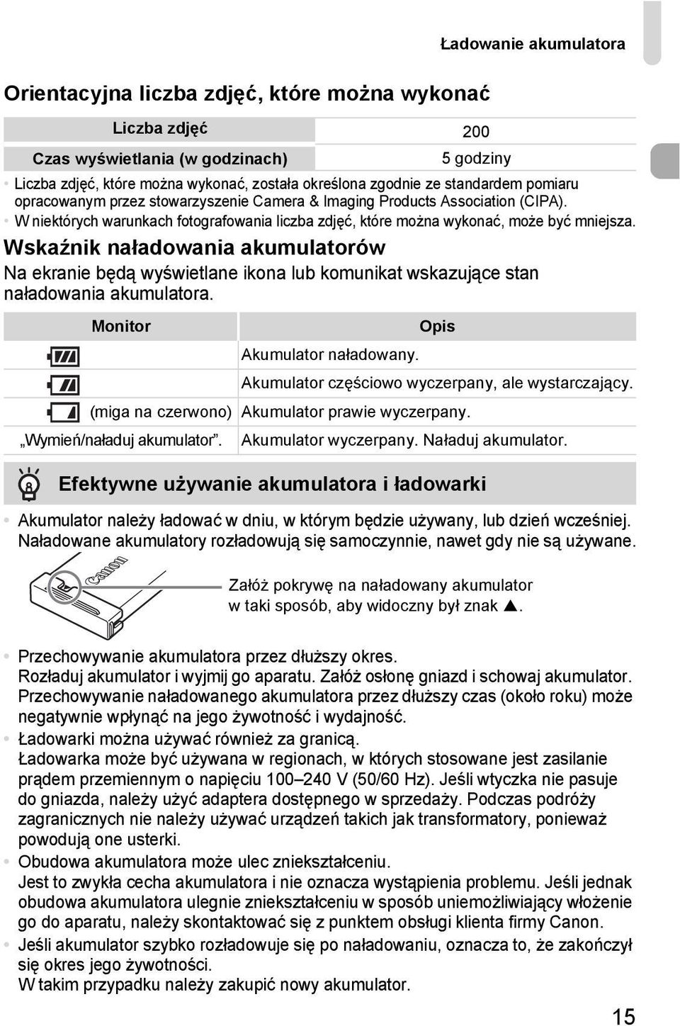 Wskaźnik naładowania akumulatorów Na ekranie będą wyświetlane ikona lub komunikat wskazujące stan naładowania akumulatora. Monitor Opis Akumulator naładowany.