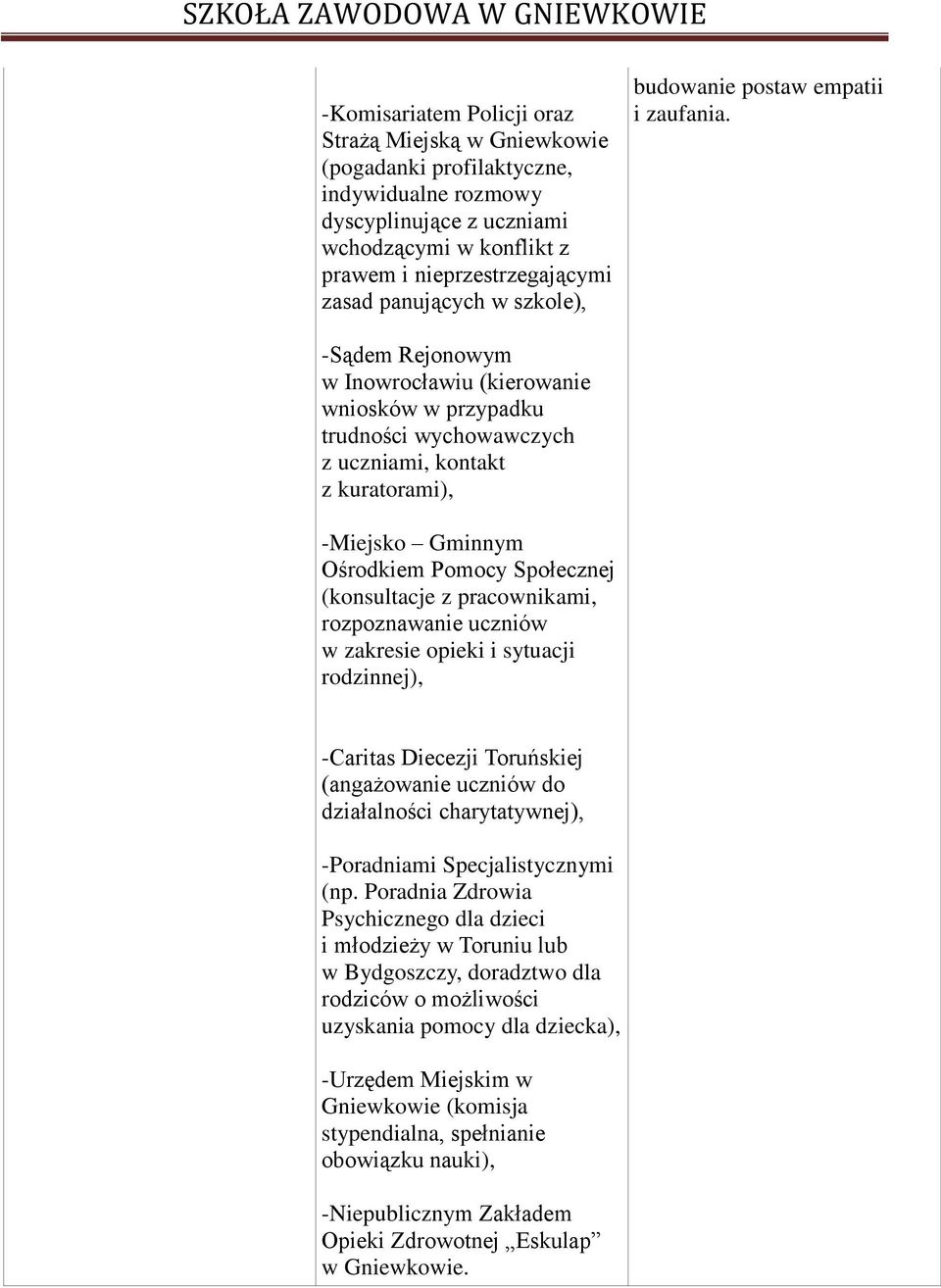 -Sądem Rejonowym w Inowrocławiu (kierowanie wniosków w przypadku trudności wychowawczych z uczniami, kontakt z kuratorami), -Miejsko Gminnym Ośrodkiem Pomocy Społecznej (konsultacje z pracownikami,