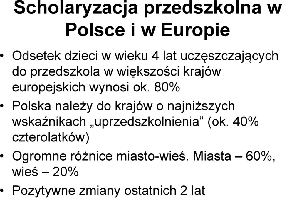 80% Polska należy do krajów o najniższych wskaźnikach uprzedszkolnienia (ok.