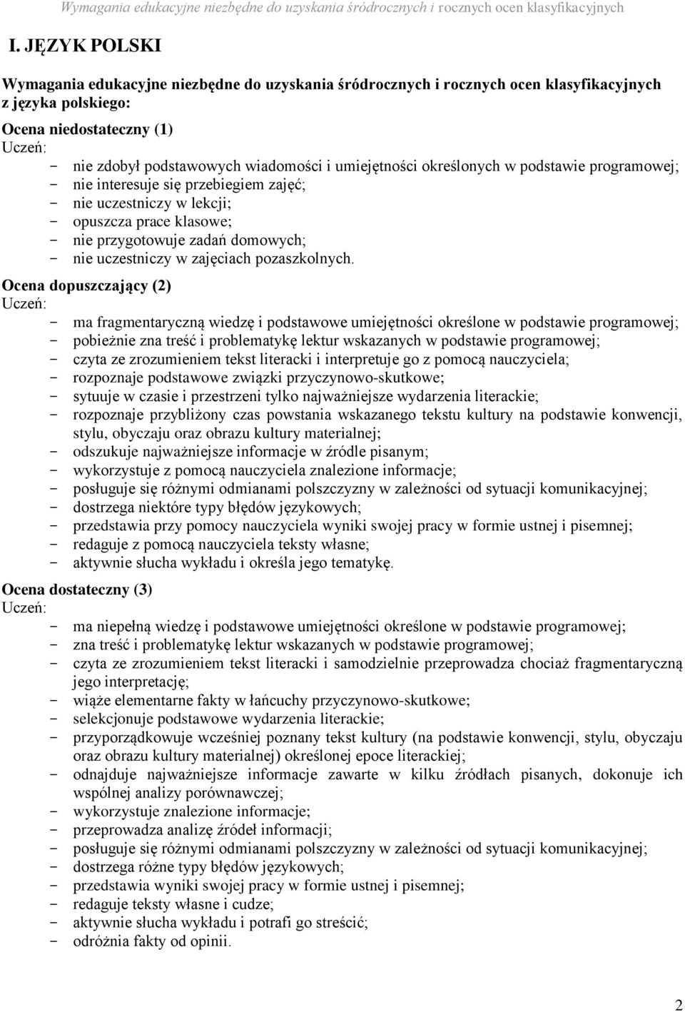 Ocena dopuszczający (2) Uczeń: - ma fragmentaryczną wiedzę i podstawowe umiejętności określone w podstawie programowej; - pobieżnie zna treść i problematykę lektur wskazanych w podstawie programowej;