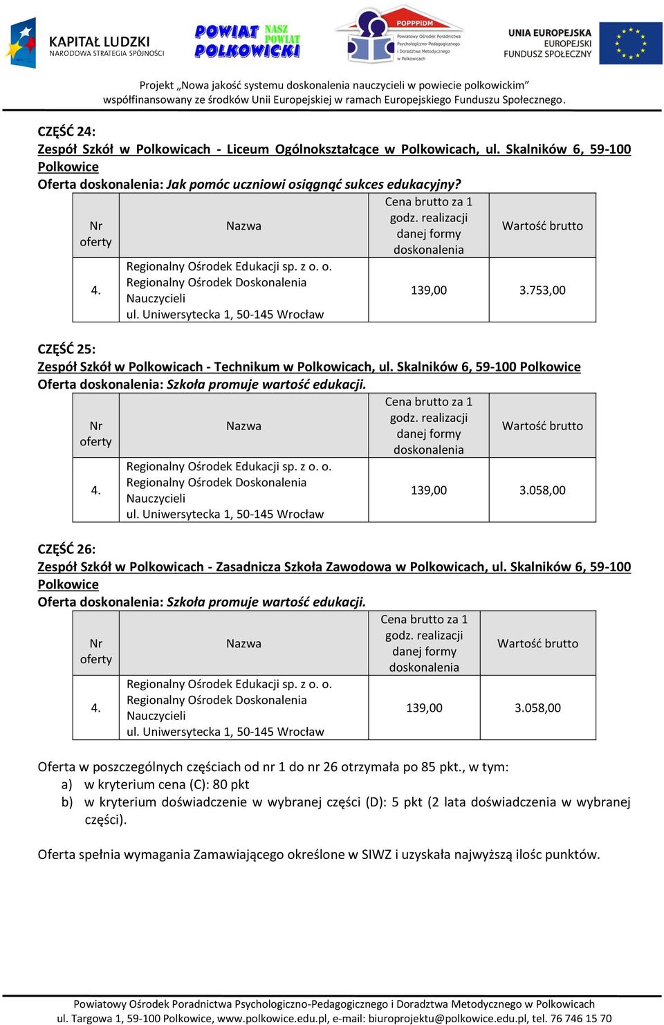 Skalników 6, 59-100 Polkowice Oferta : Szkoła promuje wartość edukacji. CZĘŚĆ 26: Zespół Szkół w Polkowicach - Zasadnicza Szkoła Zawodowa w Polkowicach, ul.