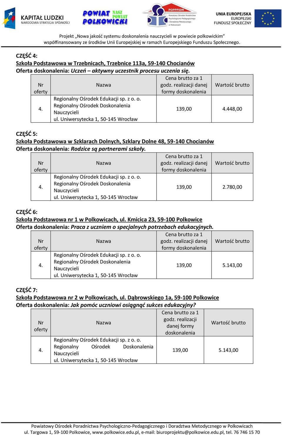 danej formy 139,00 2.780,00 CZĘŚĆ 6: Szkoła Podstawowa nr 1 w Polkowicach, ul. Kmicica 23, 59-100 Polkowice Oferta : Praca z uczniem o specjalnych potrzebach edukacyjnych.