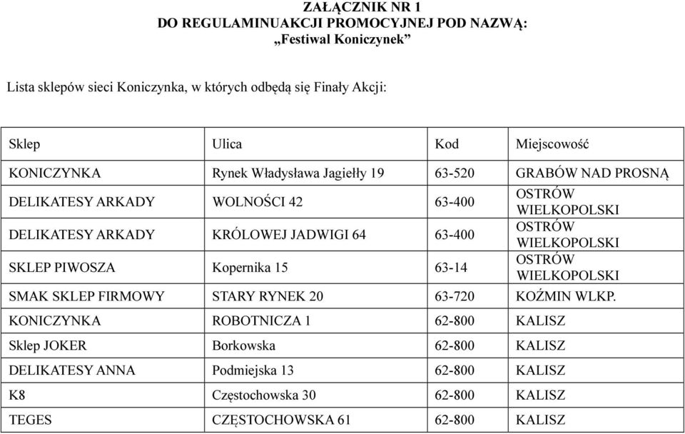 KRÓLOWEJ JADWIGI 64 63-400 SKLEP PIWOSZA Kopernika 15 63-14 SMAK SKLEP FIRMOWY STARY RYNEK 20 63-720 KOŹMIN WLKP.