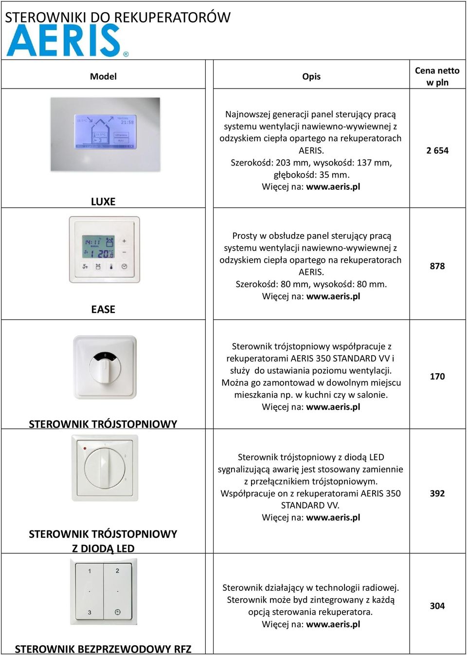 878 Sterownik trójstopniowy współpracuje z rekuperatorami AERIS 350 STANDARD VV i służy do ustawiania poziomu wentylacji. Można go zamontowad w dowolnym miejscu mieszkania np.