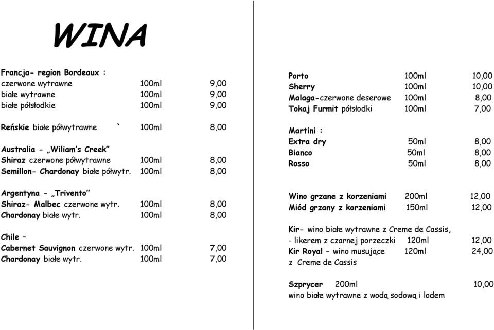 100ml 8,00 Chile Cabernet Sauvignon czerwone wytr. 100ml 7,00 Chardonay białe wytr.