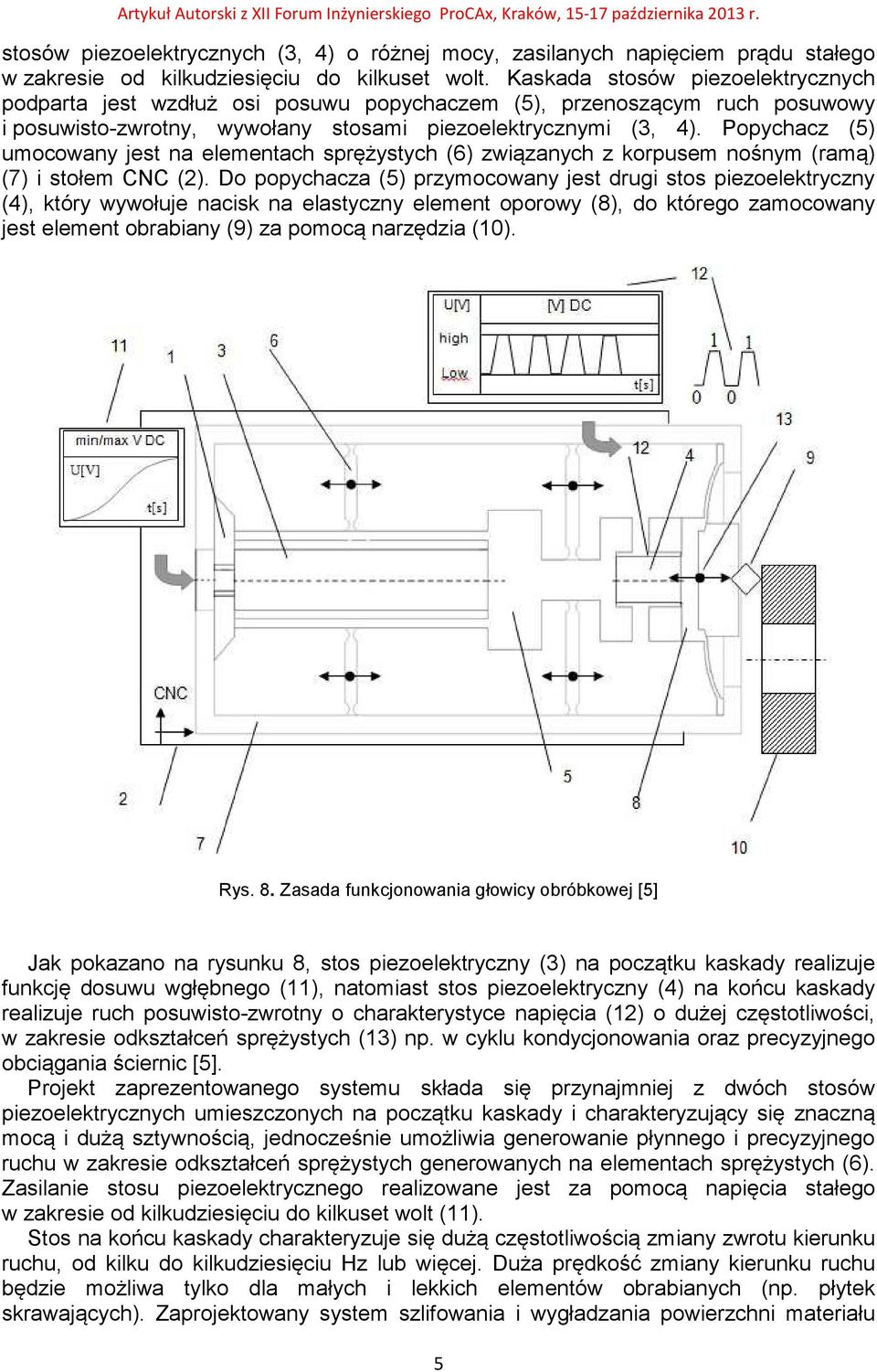 Popychacz (5) umocowany jest na elementach sprężystych (6) związanych z korpusem nośnym (ramą) (7) i stołem CNC (2).