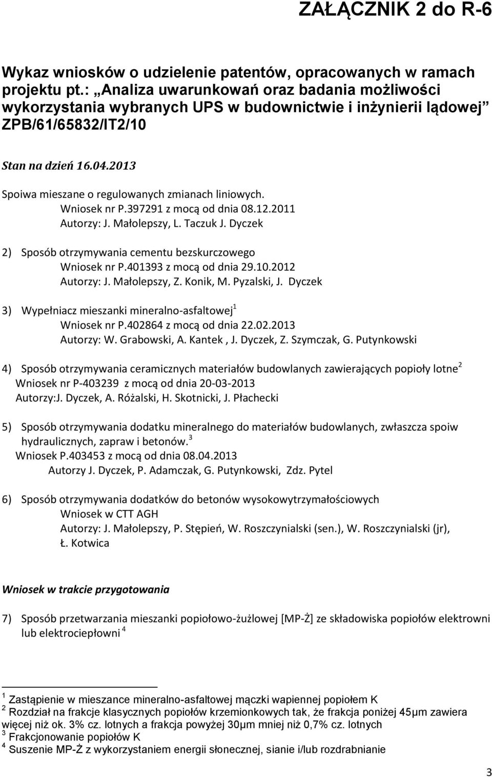 2013 Spoiwa mieszane o regulowanych zmianach liniowych. Wniosek nr P.397291 z mocą od dnia 08.12.2011 Autorzy: J. Małolepszy, L. Taczuk J.