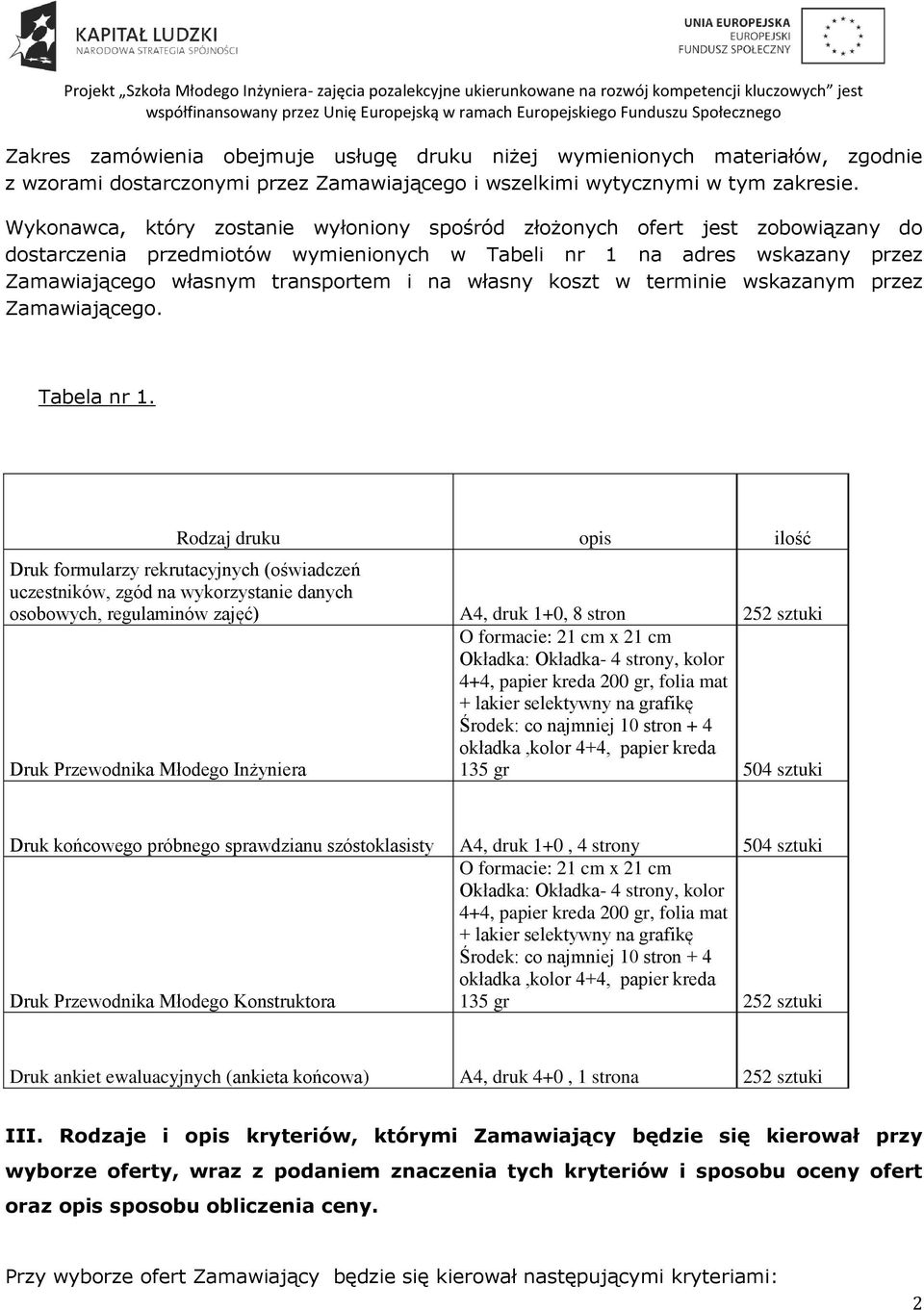 własny koszt w terminie wskazanym przez Zamawiającego. Tabela nr 1.