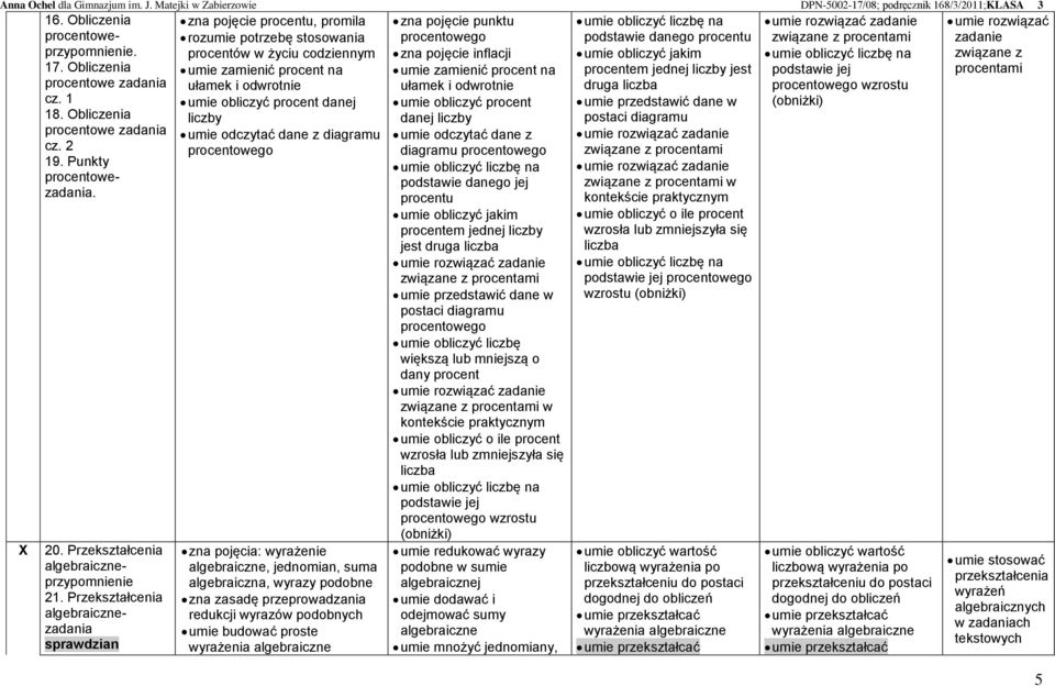 Obliczenia liczby procentowe zadania umie odczytać dane z diagramu cz. 2 procentowego 19. Punkty procentowezadania. X 20. Przekształcenia algebraiczneprzypomnienie 21.