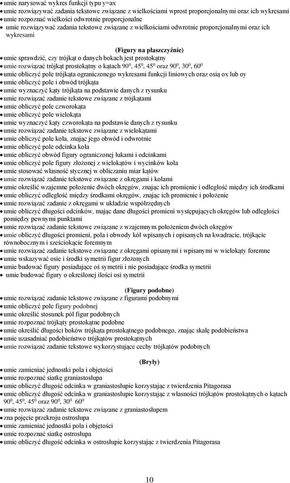 trójkąt prostokątny o kątach 90 0, 45 0, 45 0 oraz 90 0, 30 0, 60 0 umie obliczyć pole trójkąta ograniczonego wykresami funkcji liniowych oraz osią ox lub oy umie obliczyć pole i obwód trójkąta umie