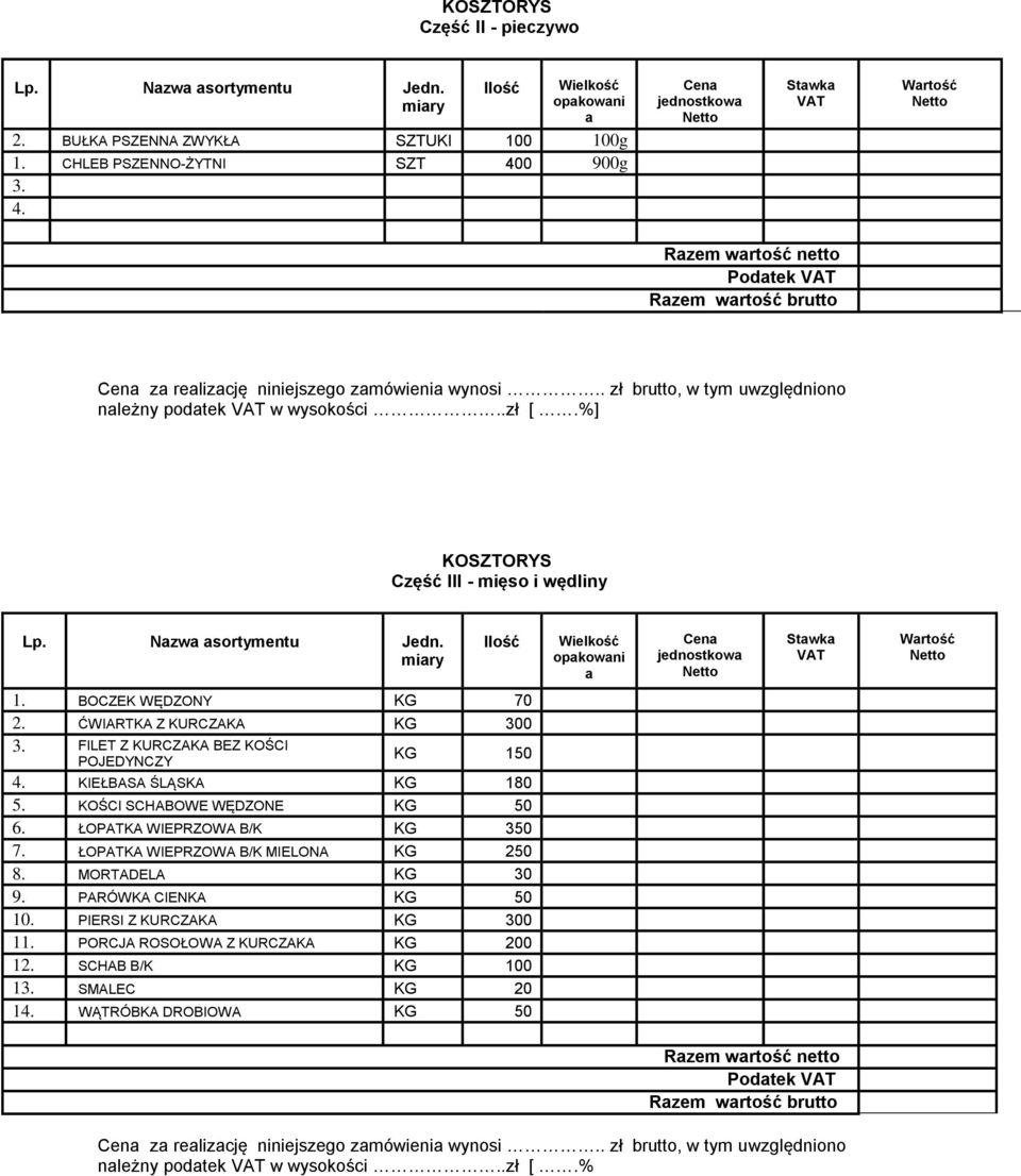 FILET Z KURCZAKA BEZ KOŚCI POJEDYNCZY KG 150 4. KIEŁBASA ŚLĄSKA KG 180 5. KOŚCI SCHABOWE WĘDZONE KG 50 6. ŁOPATKA WIEPRZOWA B/K KG 350 7.