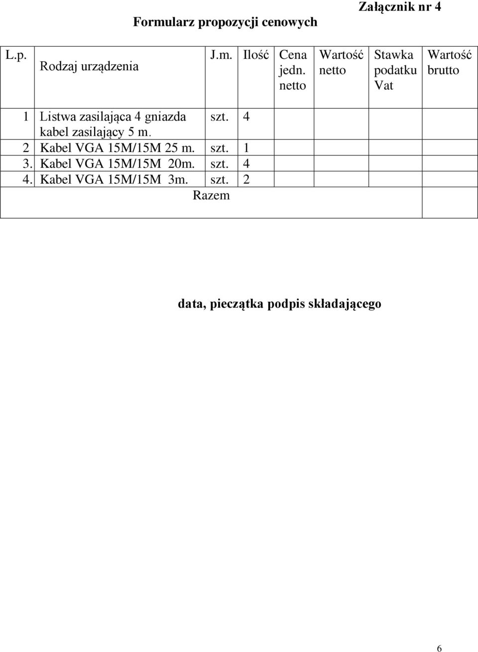 4 kabel zasilający 5 m. 2 Kabel VGA 15M/15M 25 m. szt. 1 3.