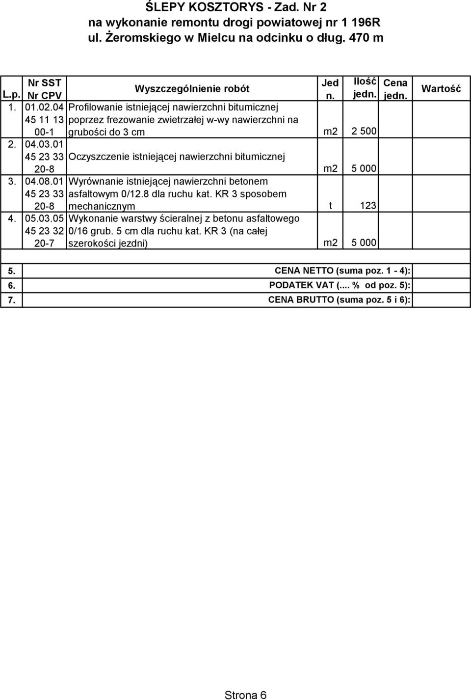 Profilowanie istniejącej nawierzchni bitumicznej poprzez frezowanie zwietrzałej w-wy nawierzchni na grubości do 3 cm m2 2 500 Oczyszczenie istniejącej nawierzchni bitumicznej m2 5 000 Wyrównanie