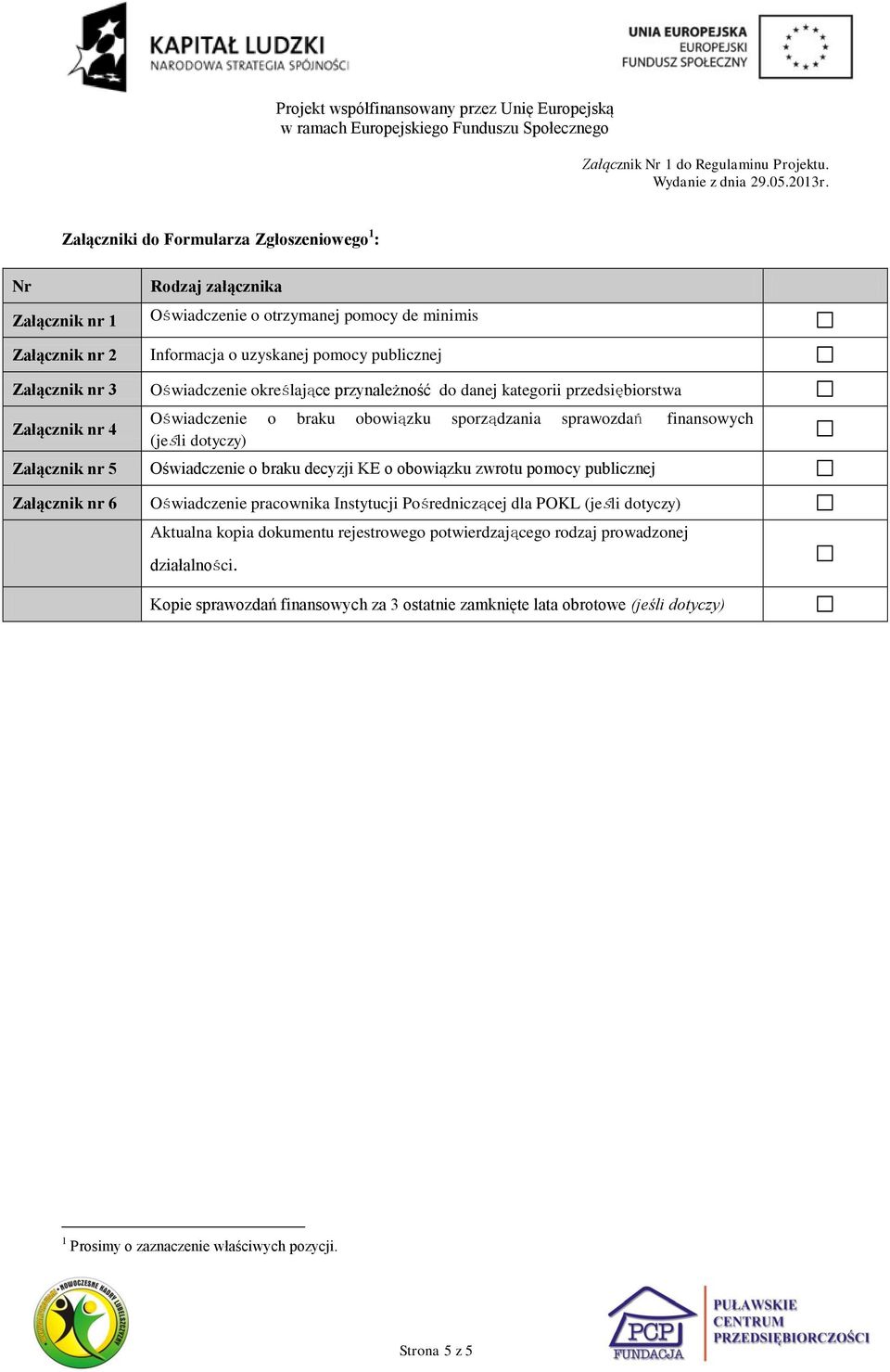 sprawozdań finansowych (jeśli dotyczy) Załącznik nr 5 Oświadczenie o braku decyzji KE o obowiązku zwrotu pomocy publicznej Załącznik nr 6 Oświadczenie pracownika Instytucji Pośredniczącej dla POKL