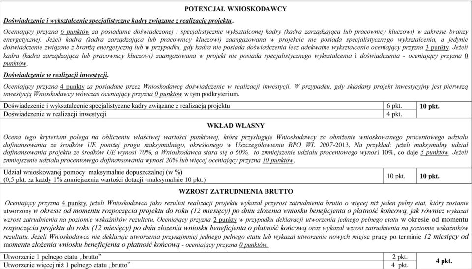 Jeżeli kadra (kadra zarządzająca lub pracownicy kluczowi) zaangażowana w projekcie nie posiada specjalistycznego wykształcenia, a jedynie doświadczenie związane z branżą energetyczną lub w przypadku,