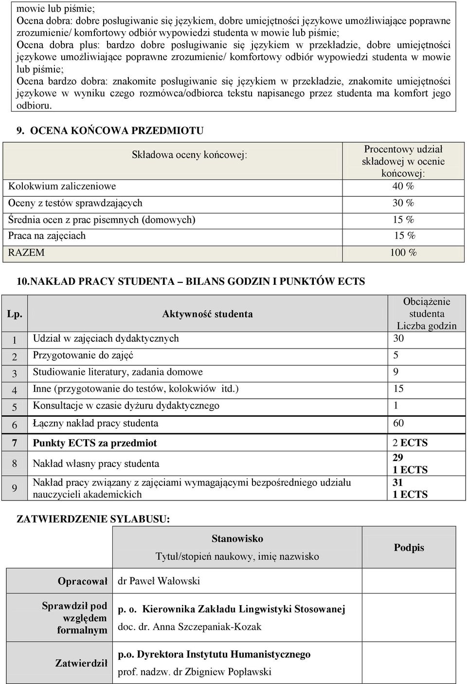 posługiwanie się językiem w przekładzie, znakomite umiejętności językowe w wyniku czego rozmówca/odbiorca tekstu napisanego przez studenta ma komfort jego odbioru. 9.