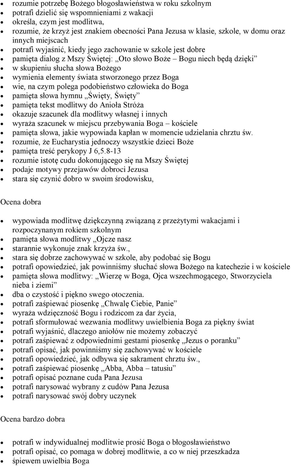 wymienia elementy świata stworzonego przez Boga wie, na czym polega podobieństwo człowieka do Boga pamięta słowa hymnu Święty, Święty pamięta tekst modlitwy do Anioła Stróża okazuje szacunek dla