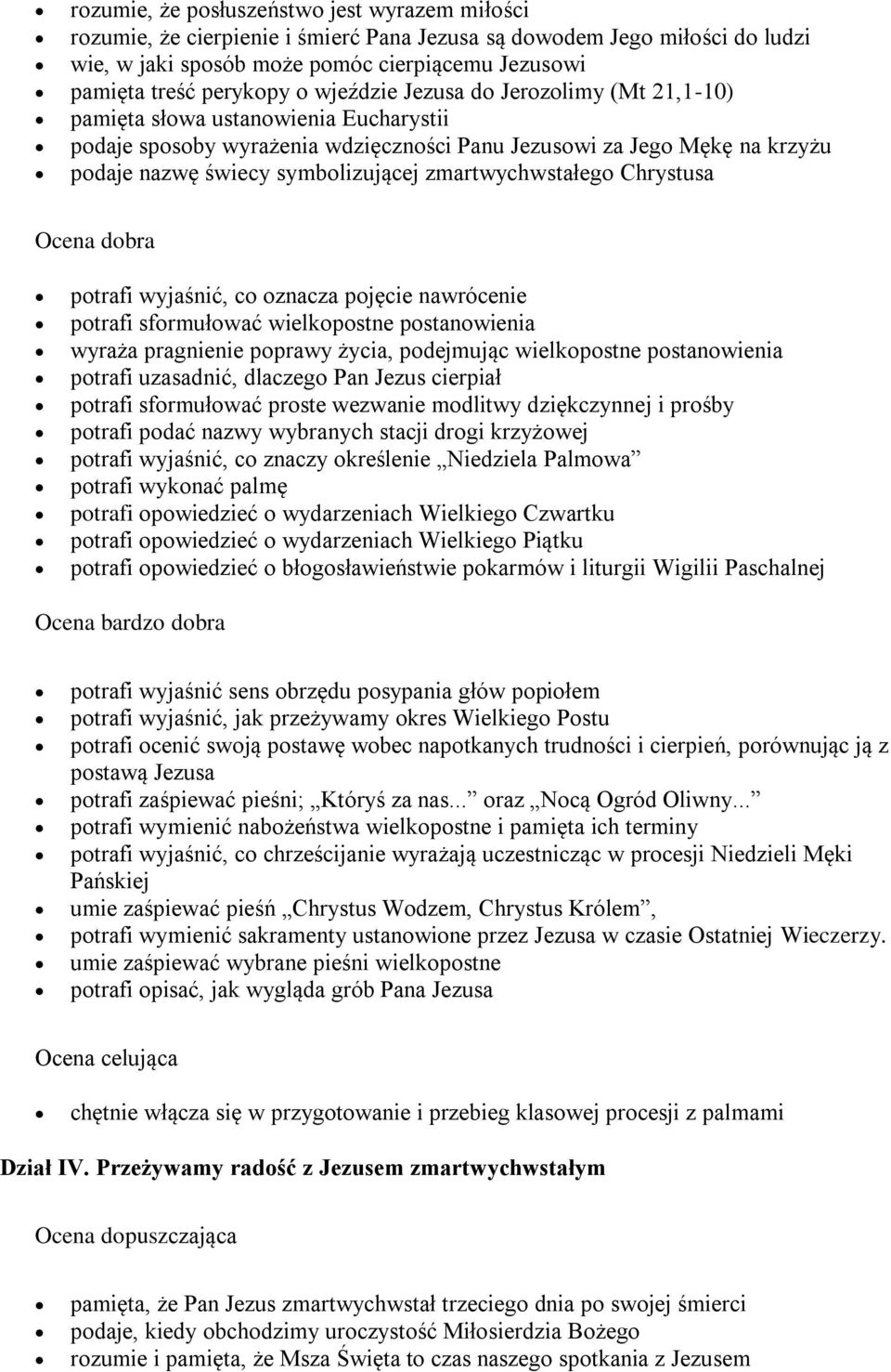 zmartwychwstałego Chrystusa Ocena dobra potrafi wyjaśnić, co oznacza pojęcie nawrócenie potrafi sformułować wielkopostne postanowienia wyraża pragnienie poprawy życia, podejmując wielkopostne