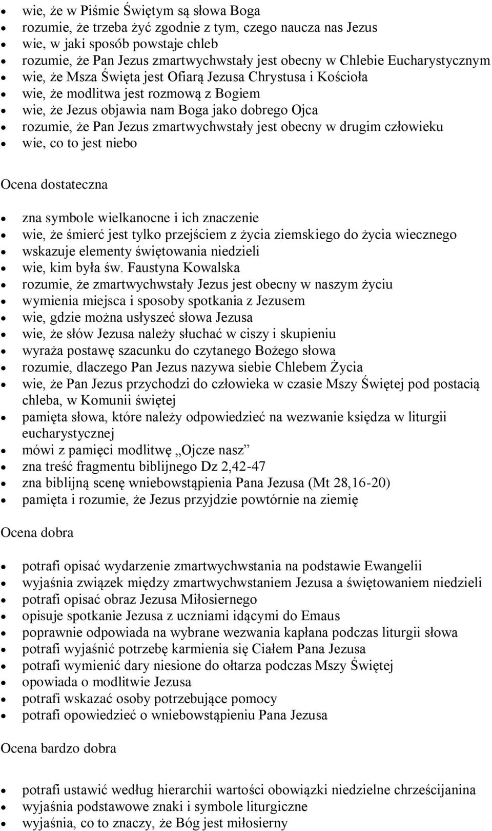 zmartwychwstały jest obecny w drugim człowieku wie, co to jest niebo Ocena dostateczna zna symbole wielkanocne i ich znaczenie wie, że śmierć jest tylko przejściem z życia ziemskiego do życia