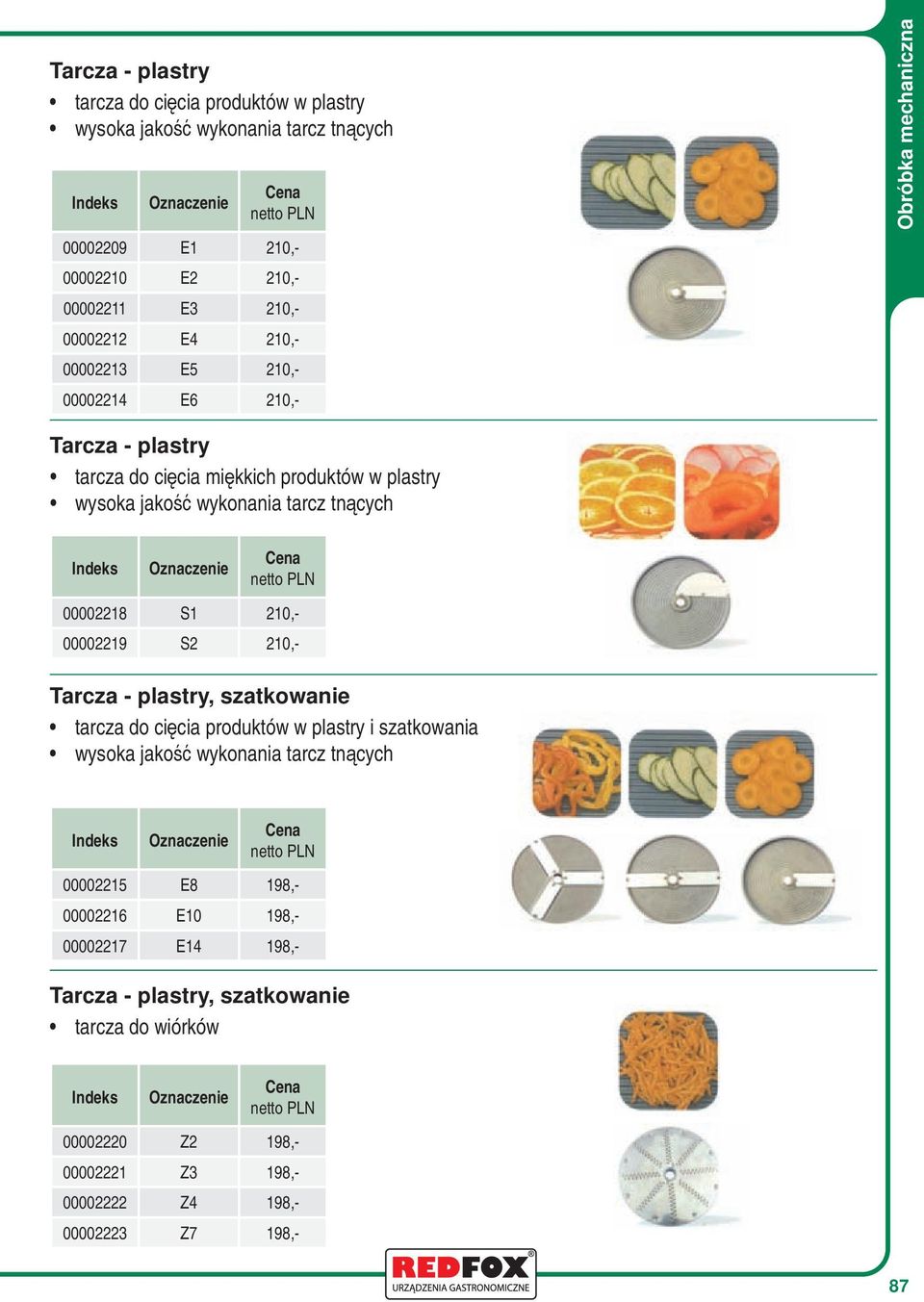 00002218 S1 210,- 00002219 S2 210,- Tarcza - plastry, szatkowanie tarcza do cięcia produktów w plastry i szatkowania wysoka jakość wykonania tarcz tnących 00002215