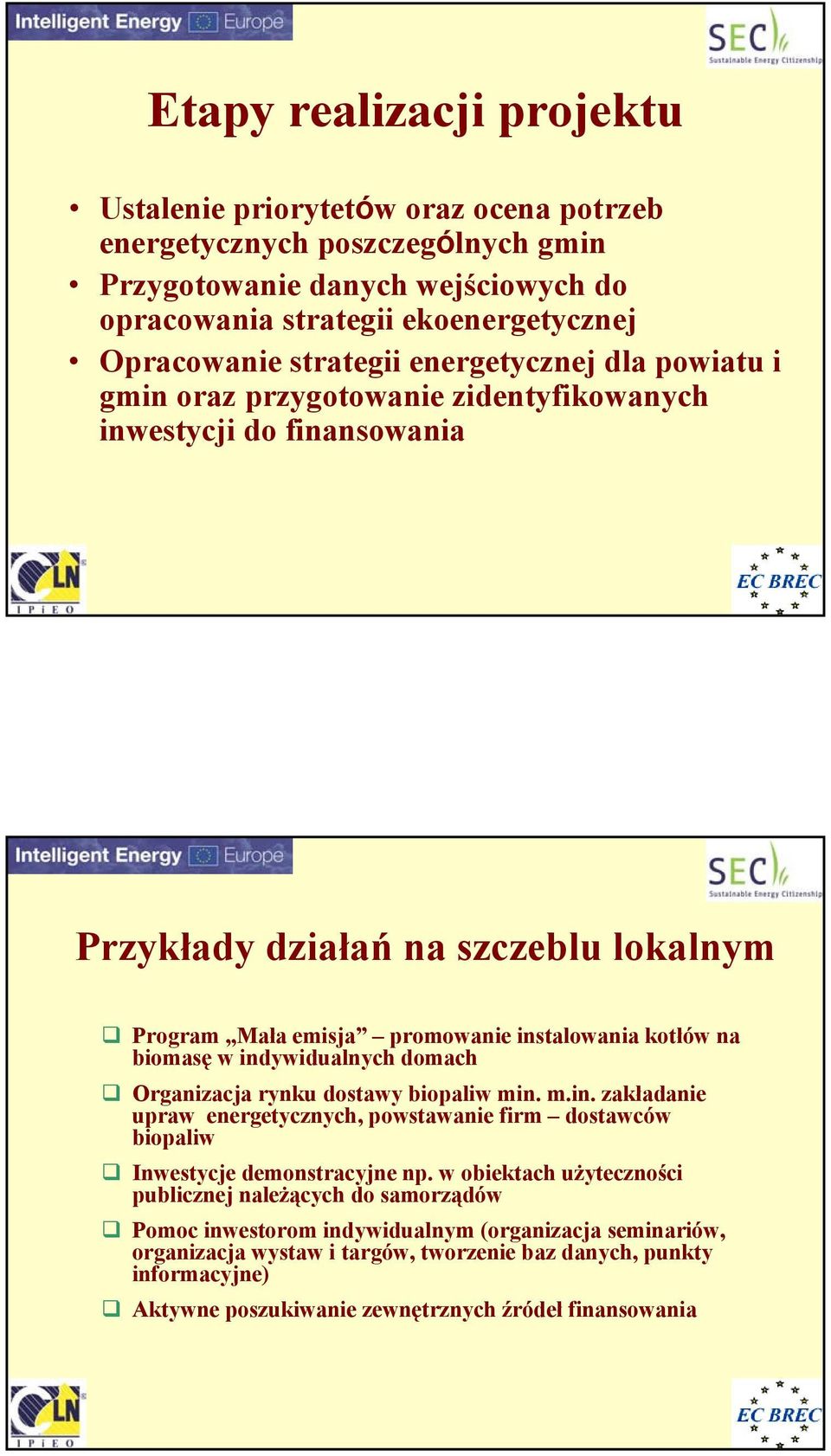indywidualnych domach Organizacja rynku dostawy biopaliw min. m.in. zakładanie upraw energetycznych, powstawanie firm dostawców biopaliw Inwestycje demonstracyjne np.