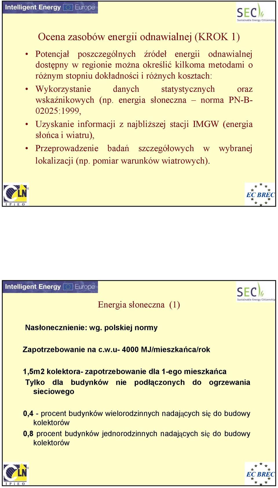 energia słoneczna norma PN-B- 02025:1999, Uzyskanie informacji z najbliższej stacji IMGW (energia słońca i wiatru), Przeprowadzenie badań szczegółowych w wybranej lokalizacji (np.