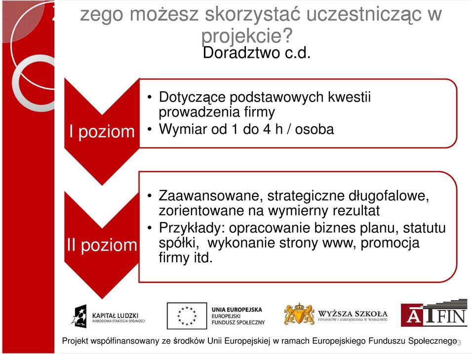 I poziom Dotyczące podstawowych kwestii prowadzenia firmy Wymiar od 1 do 4 h / osoba II poziom