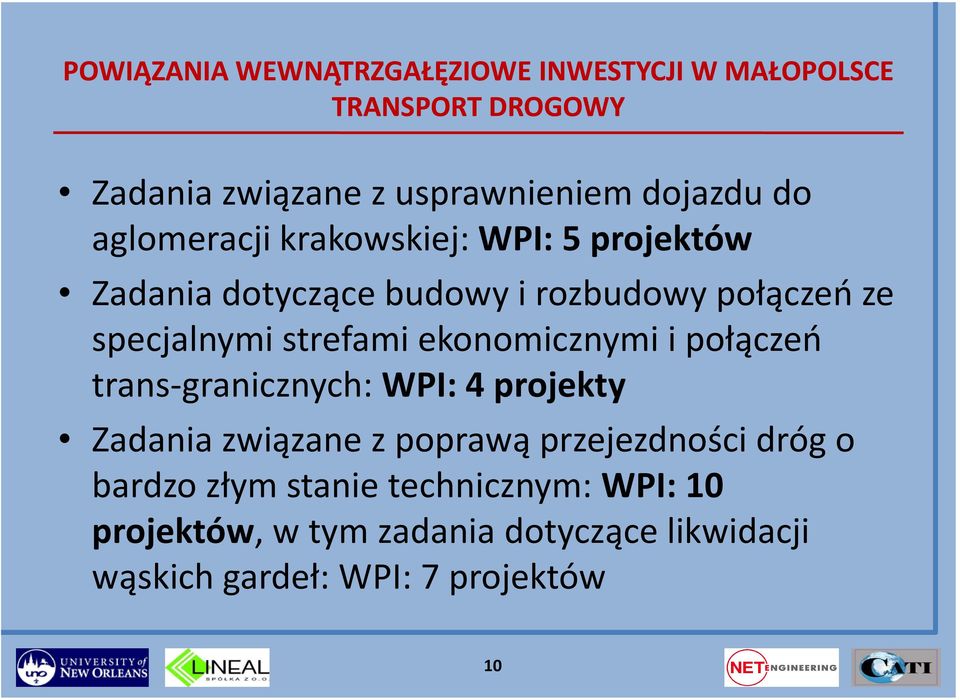 strefami ekonomicznymi i połączeń trans-granicznych: WPI: 4 projekty Zadania związane z poprawą przejezdności