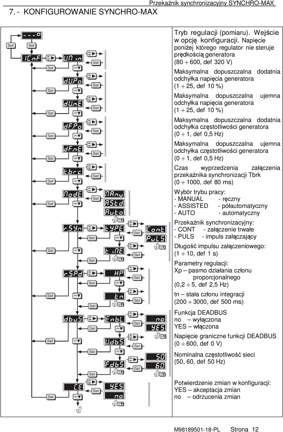 odchyłka napięcia generatora (1 25, def 10 %) Maksymalna dopuszczalna dodatnia odchyłka częstotliwości generatora (0 1, def 0,5 Hz) Maksymalna dopuszczalna ujemna odchyłka częstotliwości generatora