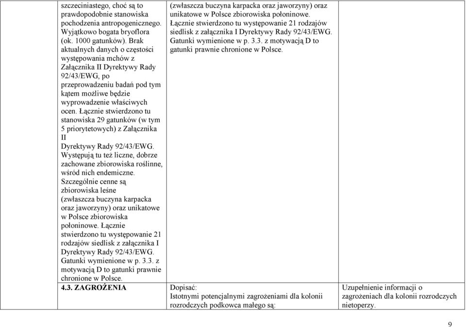 Łącznie stwierdzono tu stanowiska 29 gatunków (w tym 5 priorytetowych) z Załącznika II Dyrektywy Rady 92/43/EWG. Występują tu teŝ liczne, dobrze zachowane zbiorowiska roślinne, wśród nich endemiczne.