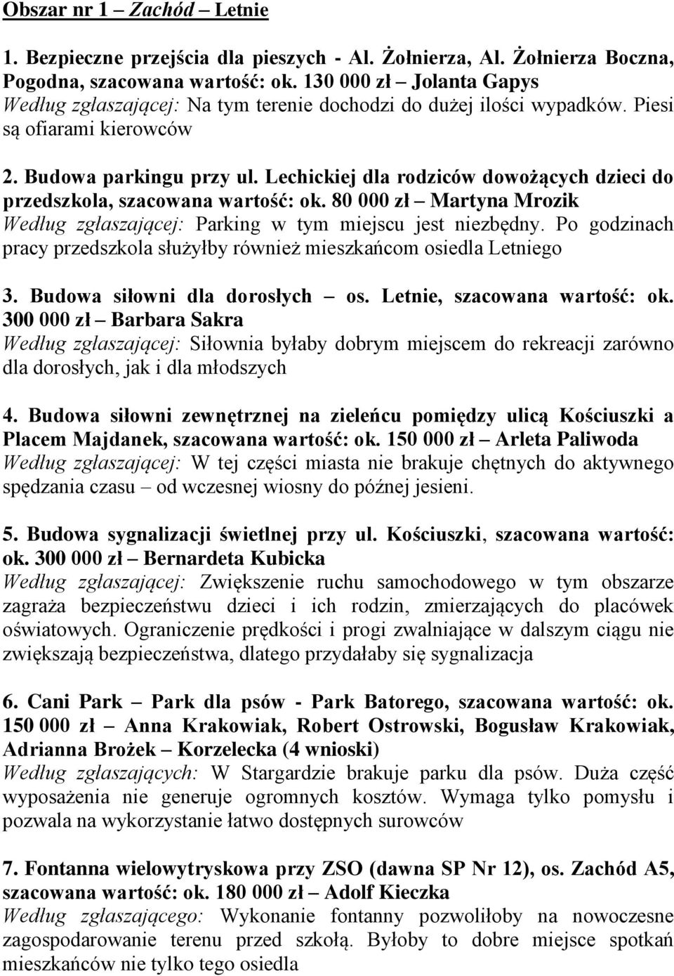 Lechickiej dla rodziców dowożących dzieci do przedszkola, szacowana wartość: ok. 80 000 zł Martyna Mrozik Według zgłaszającej: Parking w tym miejscu jest niezbędny.