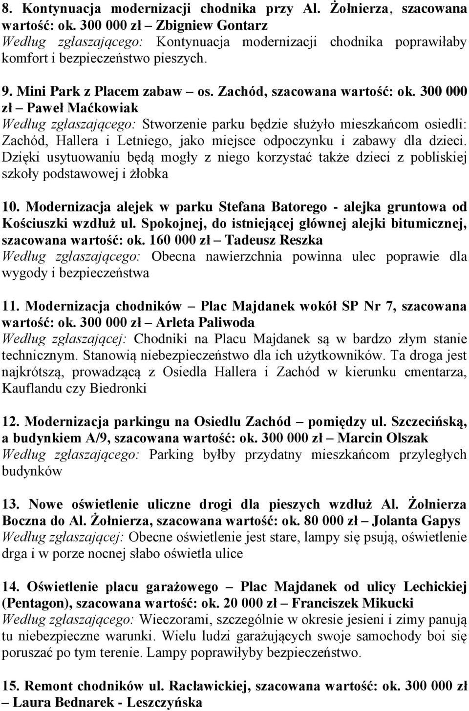 300 000 zł Paweł Maćkowiak Według zgłaszającego: Stworzenie parku będzie służyło mieszkańcom osiedli: Zachód, Hallera i Letniego, jako miejsce odpoczynku i zabawy dla dzieci.