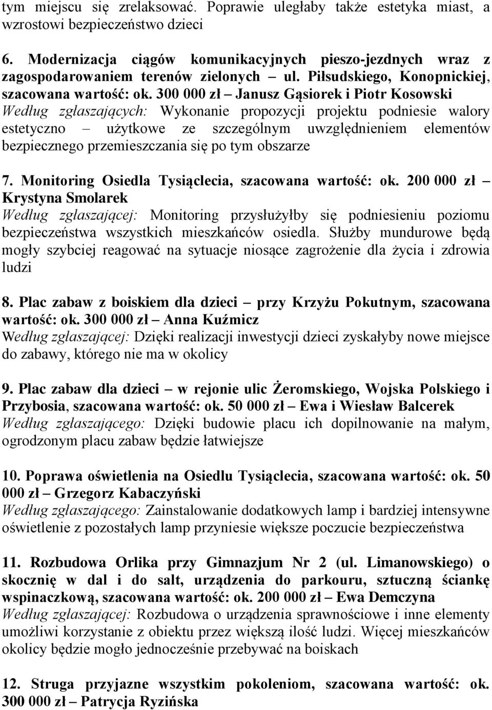 300 000 zł Janusz Gąsiorek i Piotr Kosowski Według zgłaszających: Wykonanie propozycji projektu podniesie walory estetyczno użytkowe ze szczególnym uwzględnieniem elementów bezpiecznego