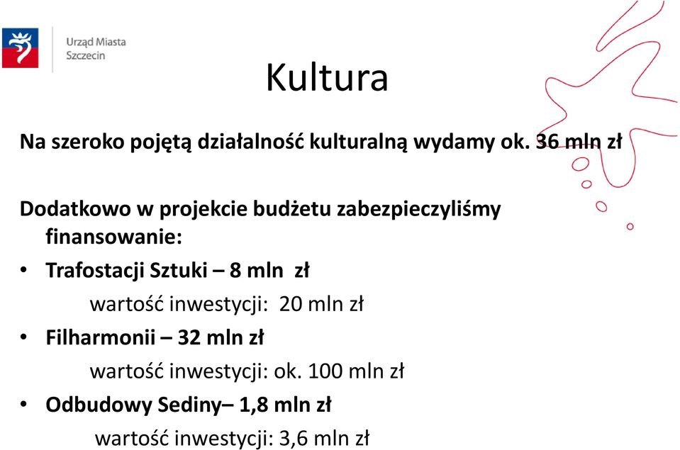 TrafostacjiSztuki 8 mln zł wartość inwestycji: 20 mln zł Filharmonii 32 mln