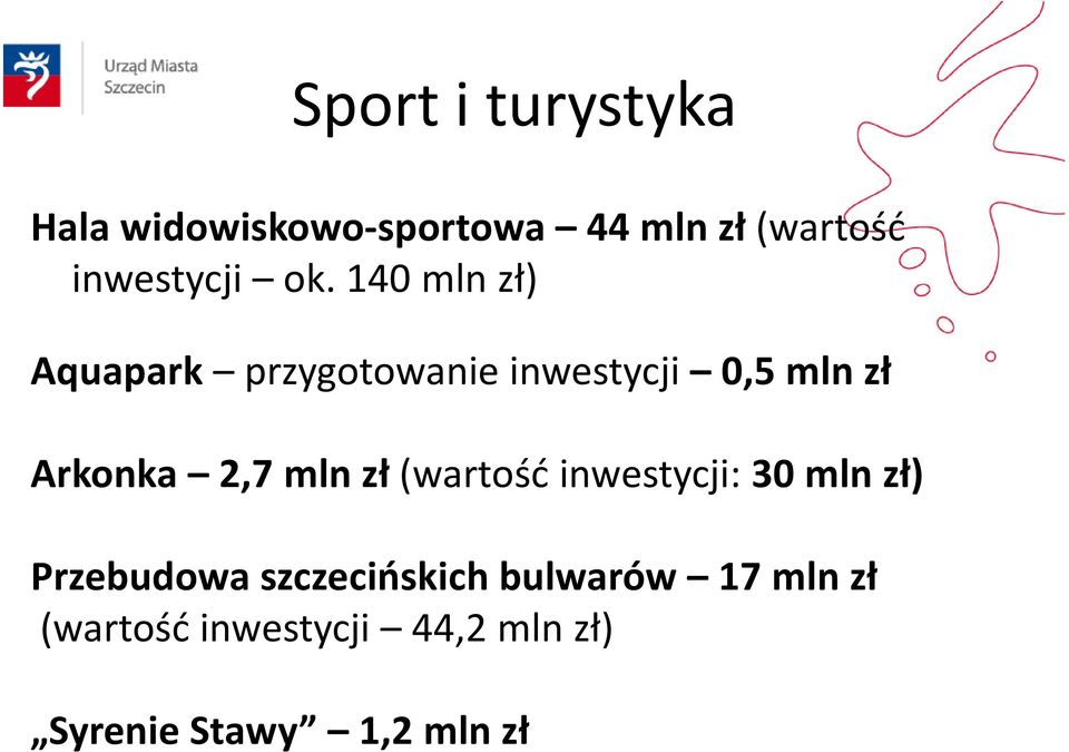 140 mln zł) Aquapark przygotowanie inwestycji 0,5 mln zł Arkonka 2,7