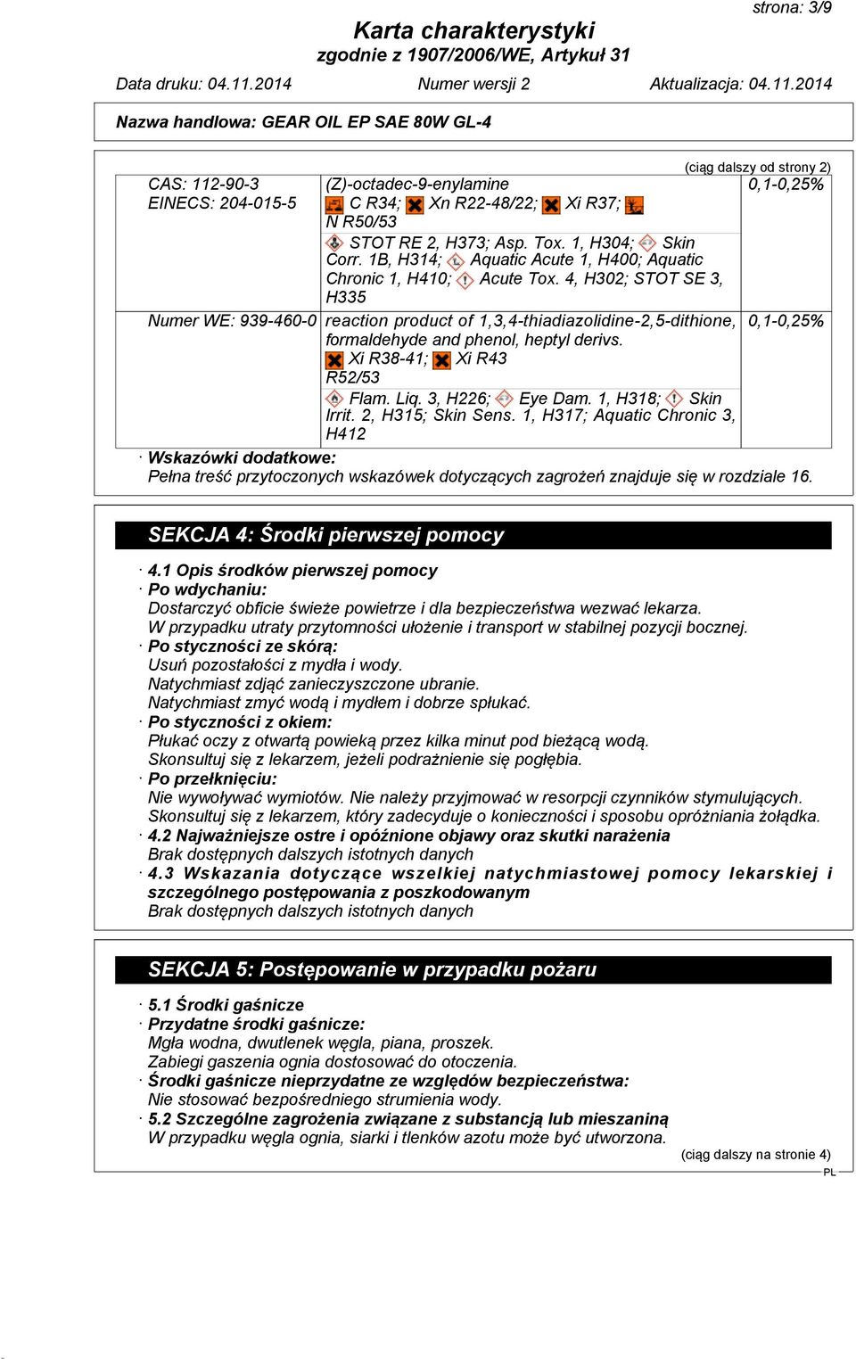 4, H302; STOT SE 3, H335 Numer WE: 939-460-0 reaction product of 1,3,4-thiadiazolidine-2,5-dithione, 0,1-0,25% formaldehyde and phenol, heptyl derivs. Xi R38-41; Xi R43 R52/53 Flam. Liq.
